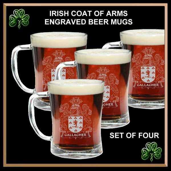 Jones Irish Coat of Arms Pint Glasses - Set of 4 (Sand Etched) - Irish Rose Gifts